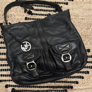 Michael Kors Black Leather Tote with Silver Buckles magnetic closure